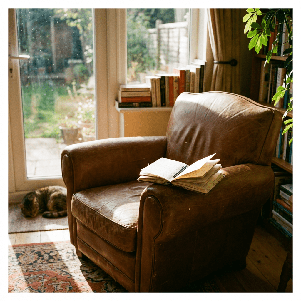 Brown leather armchair with an open notebook next to a sunlit window and sleeping cat.